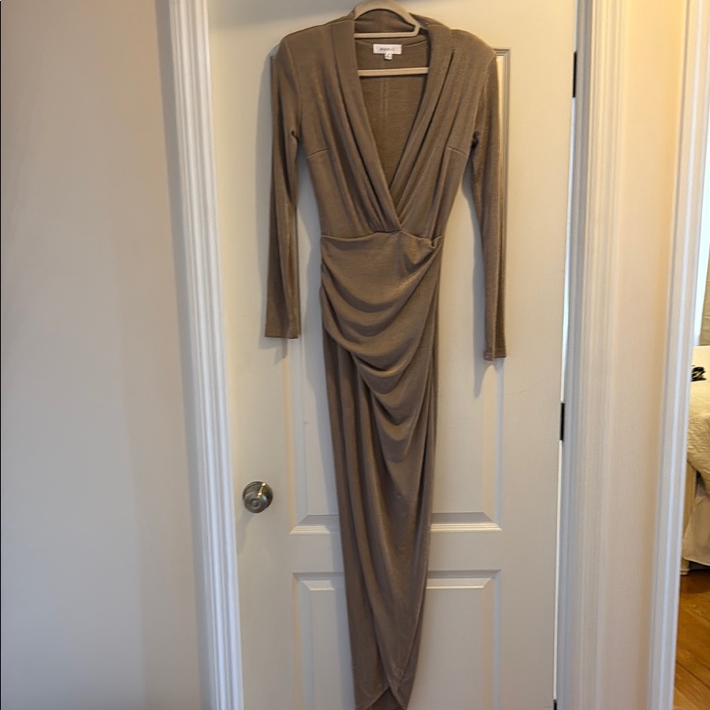 Long Sleeve Draped Tan Dress with slit